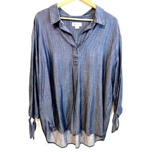 Liz Claiborne Womans Chambray Long Lined‎ Top Size 2X Collared Sleeve Tie Boho